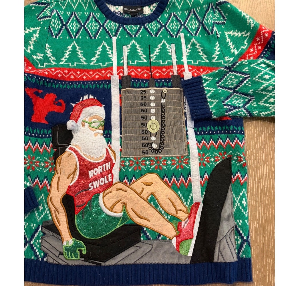 Blizzard Bay Men's Large Funny Ugly Christmas Sweater Santa Gym Weightlifting